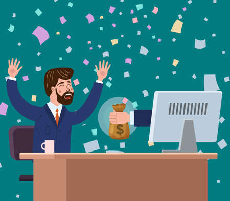 Successful joyful businessman receives a bag of money from the computer screen. Earn money online, financial success, win lottery prize. Falling banknotes, confetti, winning. Vector illustration flat cartoon style, concept isolatedのイラスト素材
