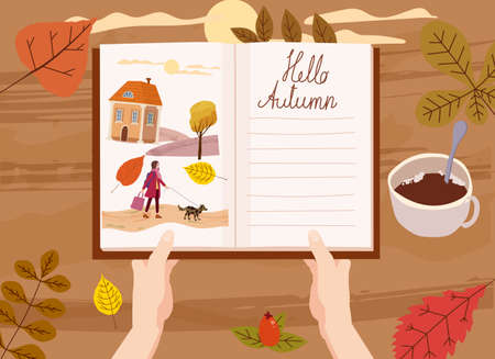 Open Autumn Daily Diary notepad, list schedule, goals, to do, acorn, autumn leaves, coffe cup. Personal planning and organisation, organizer page. Vector illustration modern cartoon styleのイラスト素材