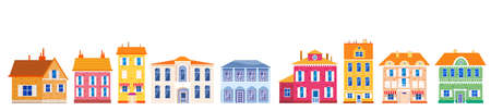 Set houses cottage home front view, colorful real estate. Cartoon urban buildings, vector illustrationのイラスト素材
