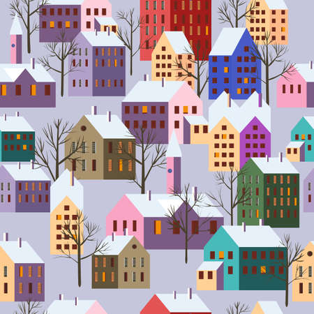 Christmas scandinavian town, seamless pattern winter city landscape, trees houses, New Year and Christmas holidays. Vector illustration minimalism styleのイラスト素材