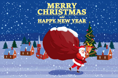 Santa Claus with big sack of gifts delivery gifts . Night winter landscap town, noel. Vector illustration poster, greeting card cartoon styleのイラスト素材