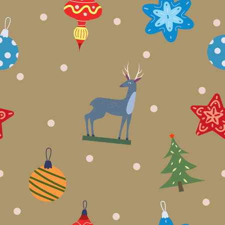 Christmas seamless pattern vintage balls, toys. Vector illustration for wrapping papers, decoration flat cartoon styleのイラスト素材