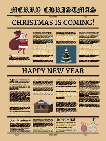 Poster Christmas newspaper old paper retro style. Greering Merrry Christmas and Happy new Year. Vector illustration decoration designのイラスト素材