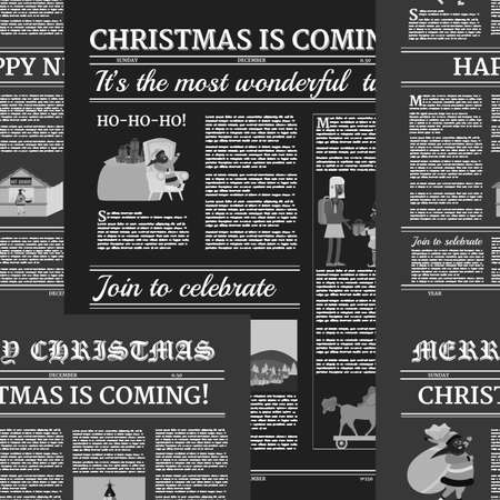 Christmas newspaper Seamless pattern black background. Old paper retro style. Vector illustration decoration designのイラスト素材