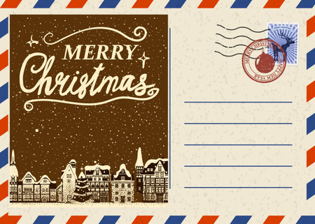 Christmas and Happy New Year greeting holiday postcard, old winter city xmas vintage background. Vector illustration invitation card retroのイラスト素材