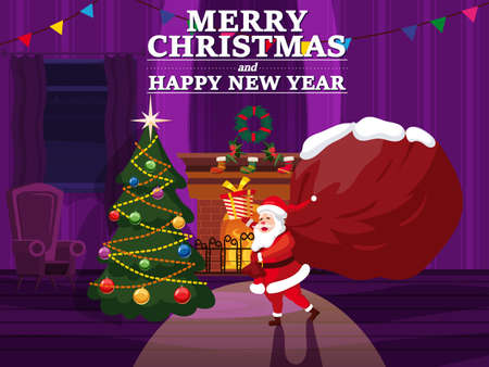 Santa Claus delivers with big sack gifts in festive decorated interior living room. Fireplace, futniture, Christmas tree, vector, illustrationのイラスト素材