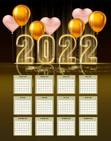 2022 New Year Calendar shiny gold color shiny numbers banner, stage podium, pink hearts balloons. Week starts from Sunday. Realistic text flash light, golden particles, glitter, sparkles dust, black background. Vector illustration isolatedのイラスト素材