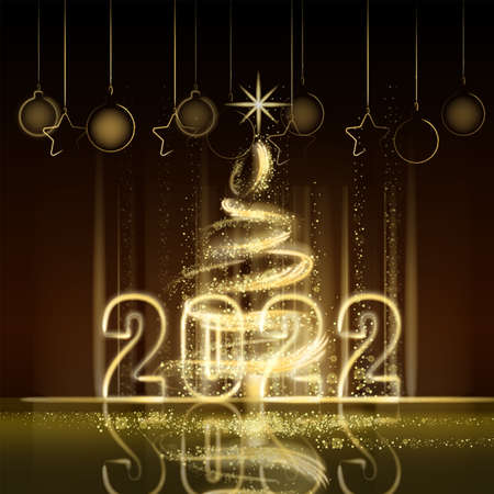 Merry Christmas and Happy New Year 2022, tree gold lights dust decoration, golden blurred magic glow on dark background. Merry Christmas holiday celebration. Vector illustration banner greeting cardのイラスト素材