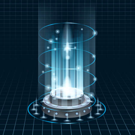 Futuristic portal sky-fi digital, circle science teleport tunnel with light rays and glows, podium, projector. Vector illustration, black blue backgroundのイラスト素材
