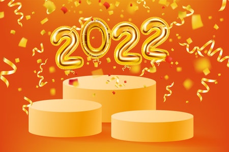 2022 Gold foil balloons numbers, orange stage, podium. 3D realistic scene golden balloon, pedestal, falling confetti. Vector template banner Christmas New Yearのイラスト素材