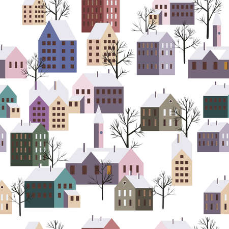 Christmas scandinavian town, seamless pattern winter city landscape, trees houses, New Year and Christmas holidays. Vector illustration minimalism styleのイラスト素材