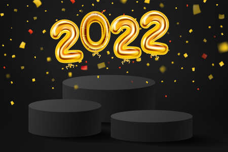 2022 Gold foil balloons numbers, black stage, podium. 3D realistic scene golden balloon, pedestal, falling confetti. Vector template banner Christmas New Yearのイラスト素材
