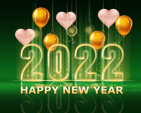 2022 New Year Calendar shiny gold color shiny numbers banner, stage podium, pink hearts balloons. Week starts from Sunday. Realistic text flash light, golden particles, glitter, sparkles dust, green background. Vector illustration isolatedのイラスト素材