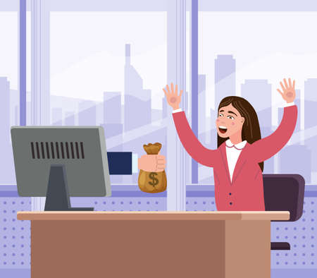Successful joyful businesswoman receives a bag of money from the computer screen. Earn money online, financial success, win lottery prize. Vector illustration flat cartoon styleのイラスト素材