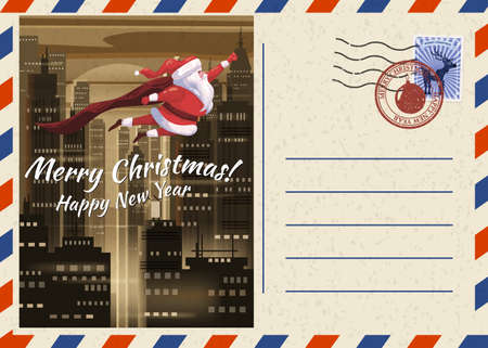 Christmas and Happy New Year greeting holiday postcard, Santa Claus funny as Superhero wearing cape flying, xmas vintage background. Vector illustration invitation card retroのイラスト素材