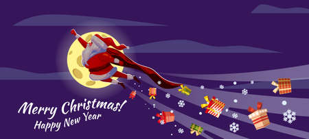 Santa Claus funny as Superhero wearing cape flying in space above Earth giving out gift boxes. Merry Christmas poster background cartoon style illustrationのイラスト素材