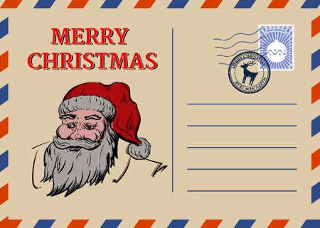 Christmas and Happy New Year greeting holiday postcard, xmas Santa portrait, vintage background. Vector illustration invitation card retroのイラスト素材
