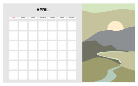 Calendar Planner April spring month. Minimal abstract contemporary landscape natural background. Monthly template for diary business. Vector isolatedのイラスト素材