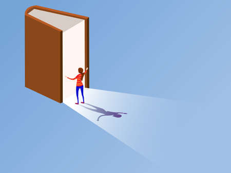Book of imagination with a standing girl, isometric, concept background. Education inspiration dream. Vector illustration cartoon style poster, banner templateのイラスト素材