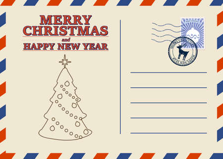 Christmas and Happy New Year greeting holiday postcard, old winter xmas tree vintage background. Vector illustration invitation card retroのイラスト素材