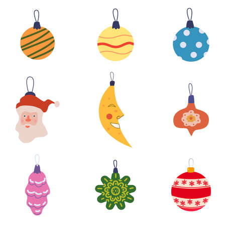 Set of Christmas balls toys, vintage baubles and decoration. Vector collection retro decorations, falt cartoon styleのイラスト素材