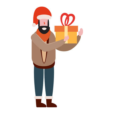 Man with with gift box, winter cold weather clothes, cap, warm coat, boots. Cartoon flat styleのイラスト素材
