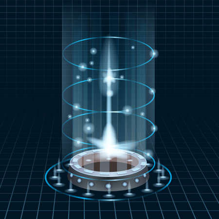 Futuristic portal sky-fi digital, circle science teleport tunnel with light rays and glows, podium, projector. Vector illustration, black blue backgroundのイラスト素材