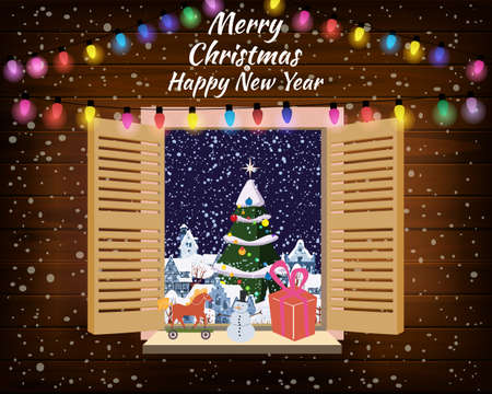 Merry Chrismas window, night, decoraions garland retro, view from the window to the night landscape, retro toys, christmas tree. Xmas and new Year holiday celebration. Vector illustration flat cartoon style isolatedのイラスト素材