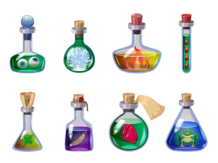 Set of bottles magic potion. Game icons liquid elixir colorful with eyes, heart, bone, blood, frog, finger, fire, clover. Vector game asset app UIのイラスト素材