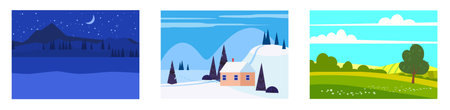 Set of seasons landscapes winter, spring, summer. Rural, mountaines, field, snow, hot, night. Vector minimalistic flat illustrationのイラスト素材