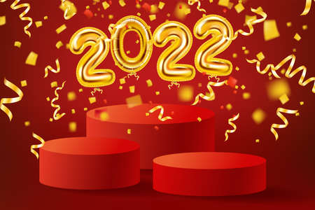 2022 Gold foil balloons numbers, red stage, podium. 3D realistic scene golden balloon, pedestal, falling confetti. Vector template banner Christmas New Yearのイラスト素材