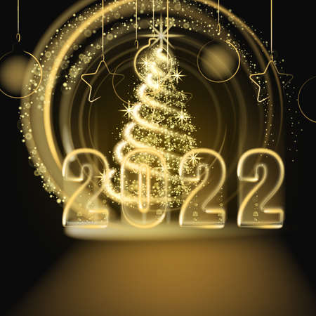 Happy New Year 2022. Merry Christmas tree gold lights dust decoration, golden blurred magic glow on black background. Merry Christmas holiday celebration. Vector illustration banner greeting cardのイラスト素材