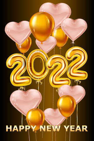 2022 3d Happy New Year realistic golden decoration balloons, hearts. Gold foil numbers, shine party background, confetti, glitter. Vector festive poster, banner designのイラスト素材