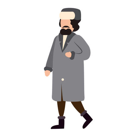 Man with beard winter cold weather clothes, cap, warm coat, boots. Cartoon flat styleのイラスト素材