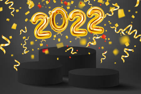 2022 Gold foil balloons numbers, black stage, podium. 3D realistic scene golden balloon, pedestal, falling confetti. Vector template banner Christmas New Yearのイラスト素材