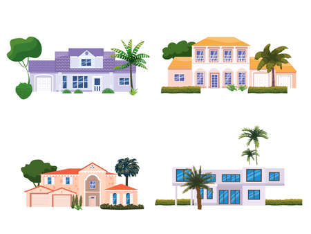 Set Mansion Residential Home Buildings, tropic trees, palms. House exterior facades front view architecture family modern contemporary cottages houses or apartments, villa. Suburban propertyのイラスト素材