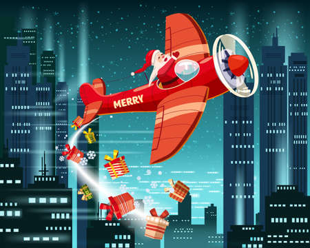 Santa Claus flying on vintage plane, delivering gift boxes, night city background. Christmas poster, banner retro cartoon style illustrationのイラスト素材