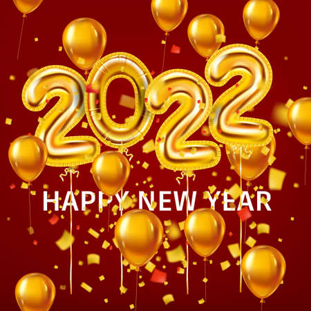 2022 realistic golden decoration balloons. Gold foil numbers 3d Happy New Year, shine party background, confetti, glitter. Vector festive poster, banner designのイラスト素材