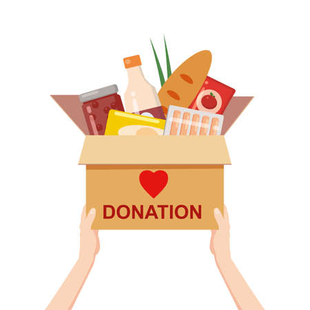 Hands hold a donation box with food charity. Canned, bread, drinks. With text banner donate. Cartoon vector illustrationのイラスト素材