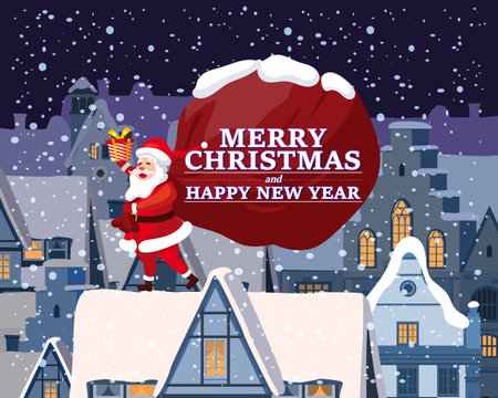 Santa Claus with big bag of gifts delivery gifts on the roof. Night winter city, european urban landscape, noel. Vector illustration poster, greeting card cartoon styleのイラスト素材