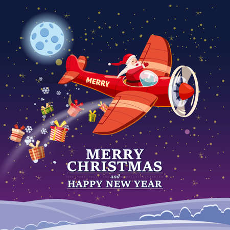 Santa Claus flying on vintage plane, delivering gift boxes, night landscape background. Christmas poster, banner retro cartoon style illustrationのイラスト素材