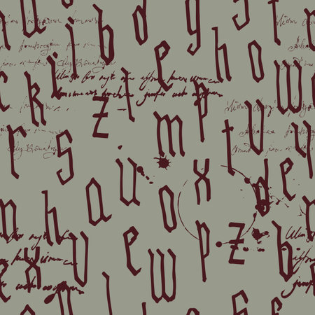 Pattern seamless Gothic style alphabet calligraphy, lettering. Illegible text, ink stains, wine. European Medieval latin letters. Vector backgroundのイラスト素材