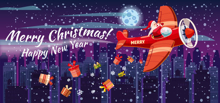 Santa Claus flying on vintage plane, delivering gift boxes, night city background. Christmas poster, banner retro cartoon style illustrationのイラスト素材