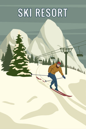 Illustration for Mountain skier vintage winter resort village Alps, Switzerland. Snow landscape peaks, slopes with sci lift, with wooden old fashioned skis and poles. Travel retro poster - Royalty Free Image