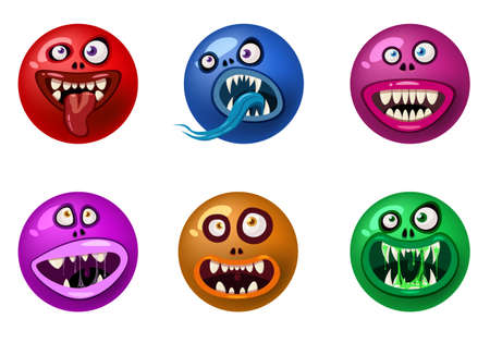 Set od Monster face cartoon round icons head Halloween characters. Illustration, sticker, emblem funny cute mask, vectorのイラスト素材