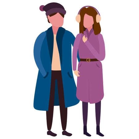 Happy young couple family, winter cold weather clothes, cap, warm coat, boots. Cartoon flat styleのイラスト素材