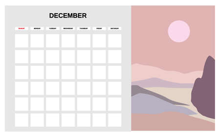 Calendar Planner December winter month. Minimal abstract contemporary landscape natural background. Monthly template for diary business. Vector isolatedのイラスト素材