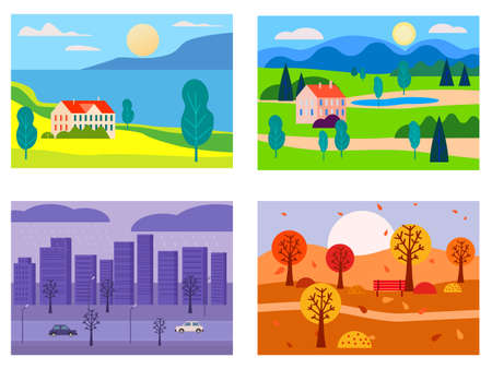Set of seasons landscapes winter, spring, summer, autumn. Rural, mountaines, field, city, sea, snow, hot, rain, night. Vector minimalistic flat illustrationのイラスト素材