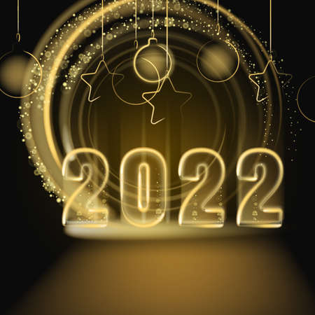 2022 Happy New Year shiny gold color shiny numbers banner design template. Realistic text flash light, flow circle golden particles, glitter, sparkles dust, black background. Vector illustration greeting card isolatedのイラスト素材