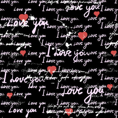 Pattern seamless, text I love you, hand written words, pink hearts. Sketch, doodle, lettering, happy valentines day. Vector illustration black backgroundのイラスト素材